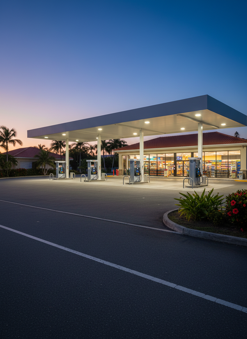 A wide, panoramic photographic view of the entire Puerto Rico gas station and convenience store site at dusk, designed to convey scale and professionalism. The illuminated canopy stretches over multiple fuel pump islands, casting a soft, uniform glow on the clean forecourt. In the midground, the convenience store with large glass windows reveals organized interior shelving, refrigerated sections, and checkout counters without any visible branding text. Tropical vegetation and low buildings form a subtle backdrop under a deepening blue sky. Captured from a low, wide-angle roadside perspective, with leading lines from the driveway guiding the eye toward the station, the atmosphere is secure, welcoming, and reliable.