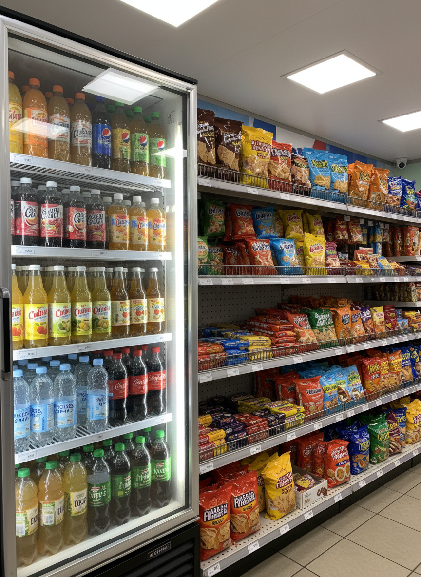 An inviting beverage and snack display inside a Puerto Rico gas station convenience store, rendered in realistic photography. A refrigerated glass-door cooler filled with rows of brightly labeled bottled drinks stands to the left, doors slightly fogged from the chill. To the right, a well-organized snack gondola showcases neatly stacked chips, candy, and grab-and-go items in vibrant packaging. Overhead, warm but bright LED panel lighting creates gentle highlights on the glossy packaging and cooler glass. Shot from a slightly elevated three-quarter angle, with moderate depth of field keeping both cooler and shelf in focus, the mood feels energetic yet orderly, emphasizing variety and freshness.