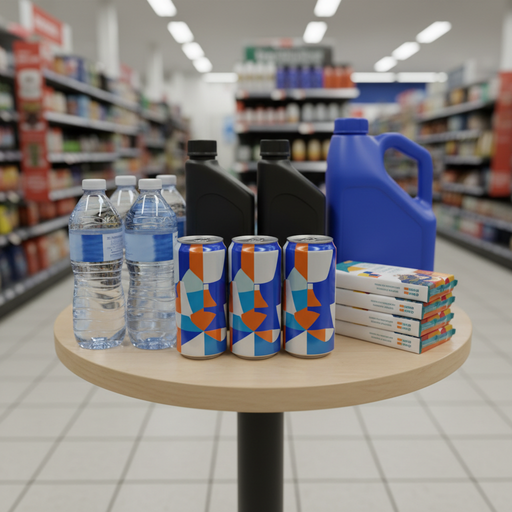 A carefully composed photographic still life of essential road-trip products arranged on a small display table inside a Puerto Rico gas station convenience store. Bottled water, energy drinks, neatly stacked snack packs, and automotive essentials such as motor oil and windshield washer fluid are grouped harmoniously, labels turned away or simplified to avoid text. The table sits on clean tile flooring with nearby shelving softly out of focus. Overhead aisle lighting provides bright, even illumination, creating subtle reflections on plastic and metal surfaces. Captured from a slightly elevated angle with shallow depth of field, the mood is practical and reassuring, highlighting the store’s role as a one-stop, professional convenience destination.