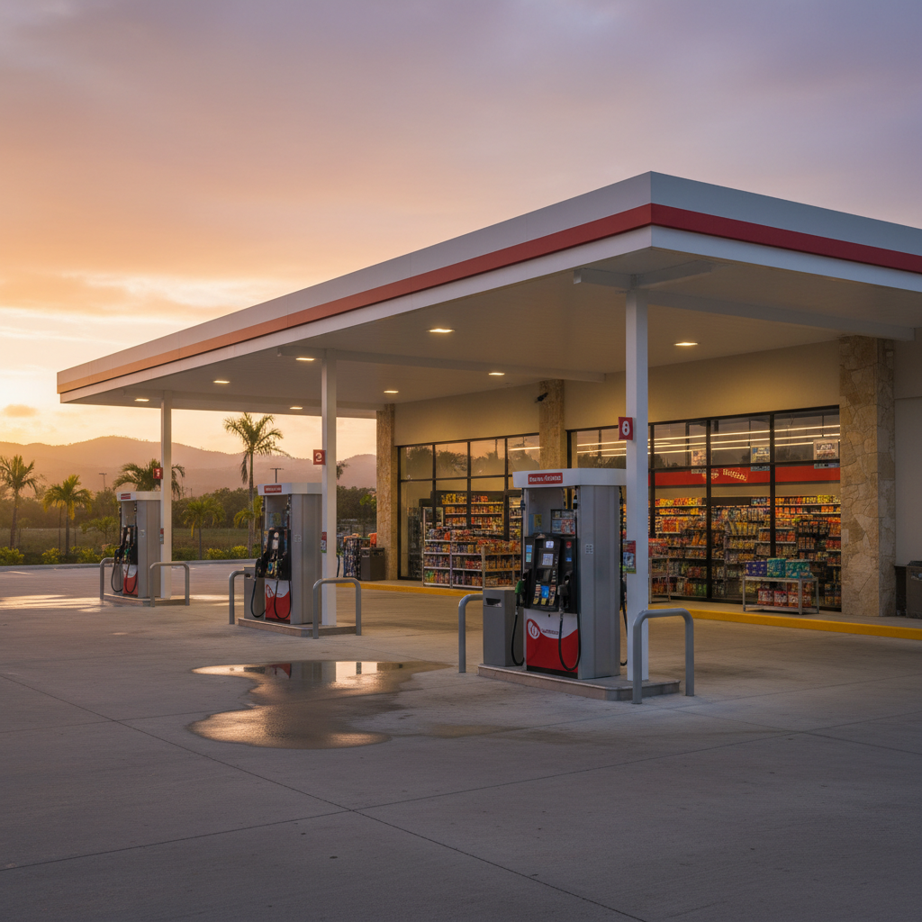 A modern Puerto Rico gas station and convenience store captured in photographic realism at golden hour. Sleek fuel pumps with clear digital displays and bright color-coded hoses line the foreground on a clean concrete forecourt, with subtle reflections from recent light rain. Behind them, a well-maintained convenience store with large glass windows reveals neatly arranged shelves of snacks and drinks. Warm canopy lighting and soft tropical twilight combine to create a professional, trustworthy atmosphere. Shot from a slightly elevated, wide-angle perspective using rule-of-thirds composition, with sharp focus throughout and distant palm trees and low hills softly fading into the background for context.