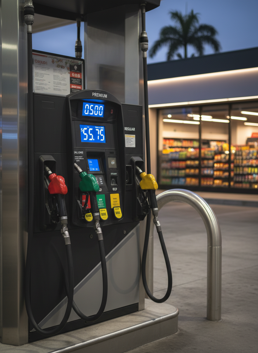 A close-up, photographic view of a premium fuel pump island at a Puerto Rico gas station, emphasizing cleanliness and modernity. The pump housing has a smooth, dark finish with metallic accents, large clear screens, and neatly arranged, color-coded fuel nozzles resting in their cradles. The concrete base is spotless, with subtle reflections from overhead canopy lights. In the blurred background through shallow depth of field, the convenience store façade is visible with warm interior lighting hinting at stocked shelves. Captured at a slight low angle to give the pump a solid, dependable presence, with soft evening light adding a professional, polished mood.