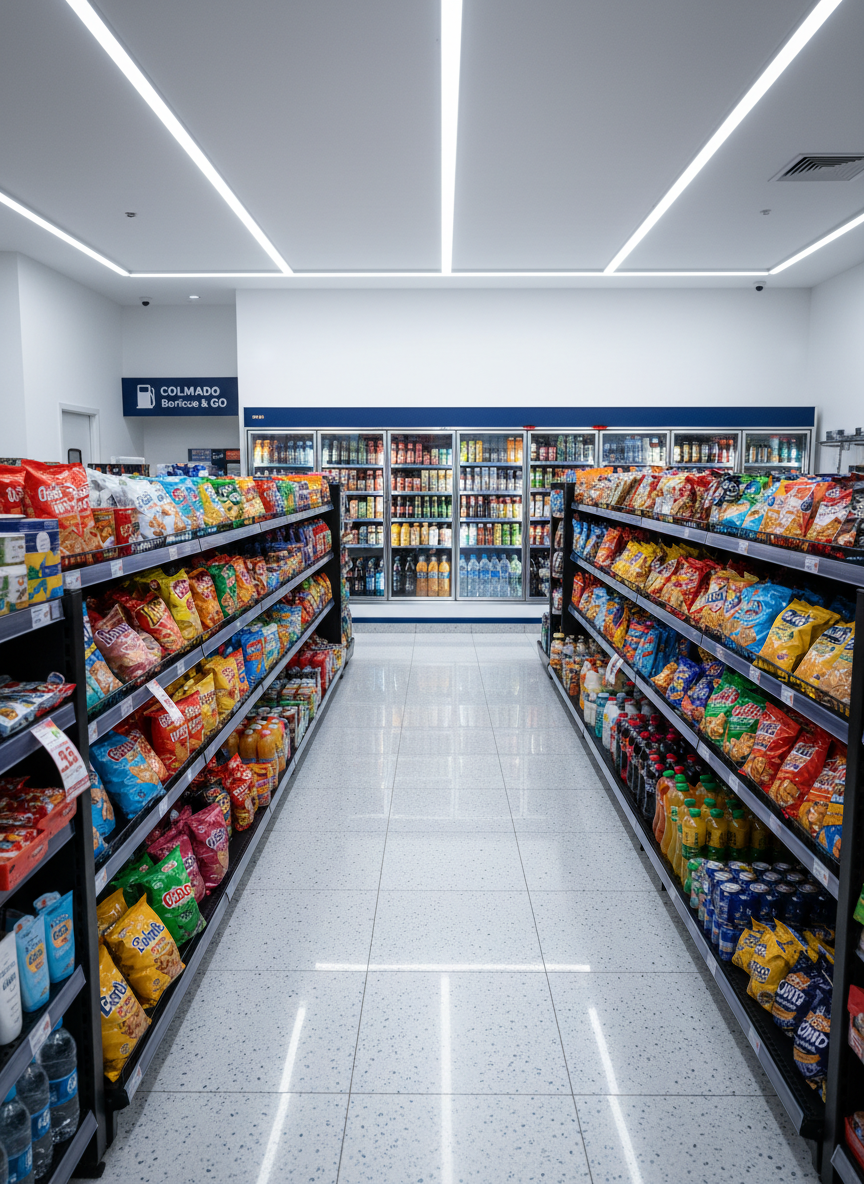 The bright, organized interior of a Puerto Rico convenience store attached to a gas station, shown in crisp photographic detail. Long aisles of polished shelving display colorful packaged snacks, chilled beverages, and everyday essentials, all perfectly front-faced and tidy. A glossy tile floor reflects the cool white ceiling lights, while a back wall features refrigerated glass-door coolers glowing softly from within. The mood is clean, efficient, and professional. Captured at eye level with a wide-angle lens, the composition leads the viewer’s eye down the central aisle toward the coolers, with sharp focus and minimal clutter, emphasizing reliability and variety of products.