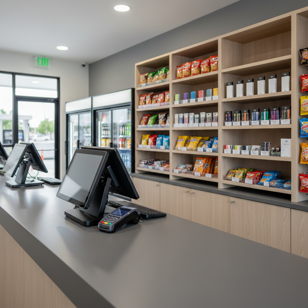 A detailed, photographic interior scene of the checkout area in a Puerto Rico convenience store attached to a gas station, emphasizing professionalism and efficiency. A sleek, uncluttered counter with a matte surface holds a modern, screen-based point-of-sale terminal and contactless card reader, with no visible brand names or numbers. Behind the counter, well-organized shelving displays small convenience items and neatly arranged tobacco-free accessories. Overhead recessed lighting casts even, neutral illumination, minimizing shadows and reflecting softly off the counter. Shot at eye level from the customer’s point of view, with shallow depth of field keeping the counter in crisp focus and background elements gently blurred, the mood feels streamlined and trustworthy.