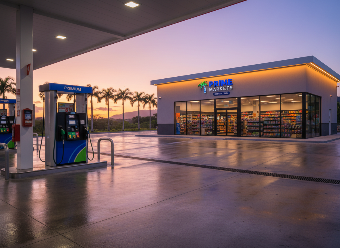 A modern Puerto Rico gas station and convenience store captured in photographic realism at golden hour. Sleek fuel pumps with clear digital displays and bright color-coded hoses line the foreground on a clean concrete forecourt, with subtle reflections from recent light rain. Behind them, a well-maintained convenience store with large glass windows reveals neatly arranged shelves of snacks and drinks. Warm canopy lighting and soft tropical twilight combine to create a professional, trustworthy atmosphere. Shot from a slightly elevated, wide-angle perspective using rule-of-thirds composition, with sharp focus throughout and distant palm trees and low hills softly fading into the background for context.